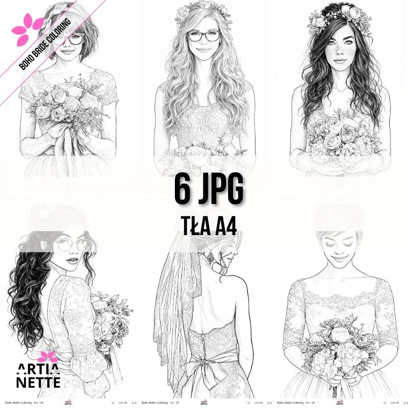 boho bride coloring pages line art panna młoda kolorowanka ślubna a4