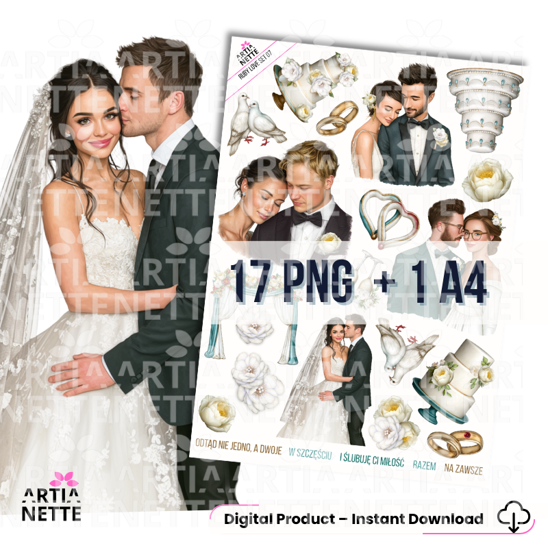 Ruby Love SET 07 – ślubny zestaw grafik PNG | para młoda i symbole miłości