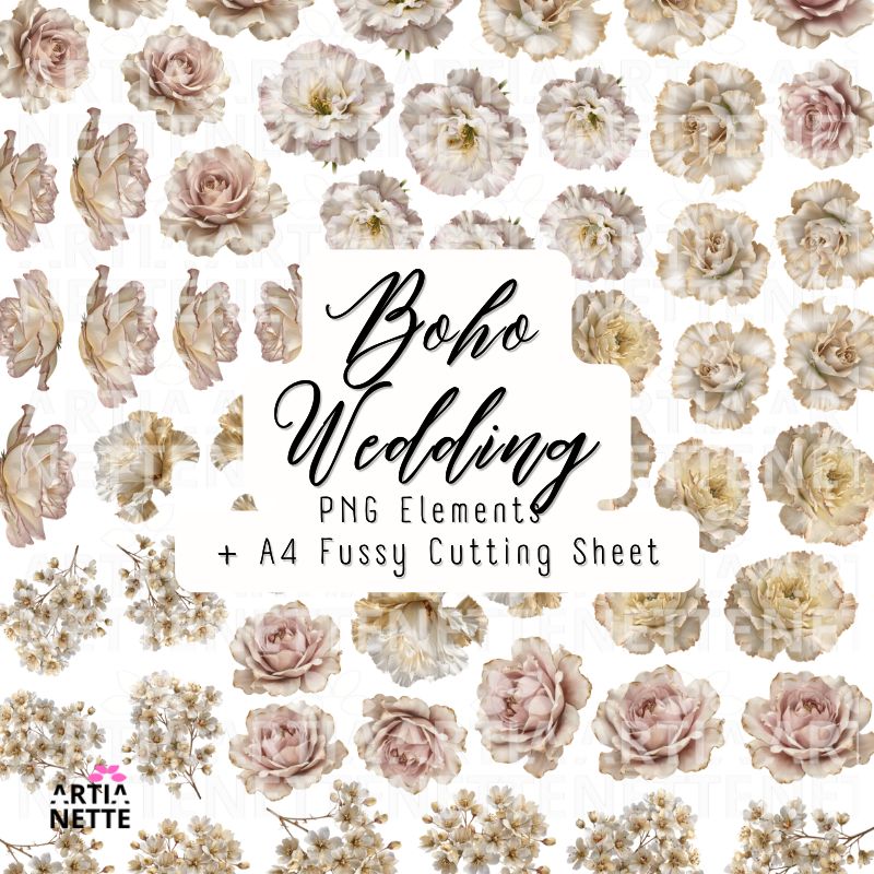 Pojedyncze kwiaty boho – róże, eustomy i gipsówka – Boho Wedding Set 16 | 10 klipartów PNG + arkusz A4 do wycinania