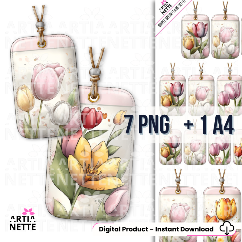 Wiosenne tagi do druku Simple Spring Tags SET 01 | 7 PNG + A4