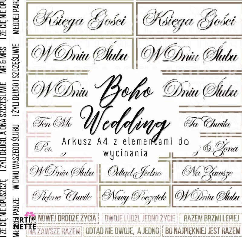 Napisy PL ślubne boho do druku – arkusz A4 – Boho Wedding Set 12 | elementy do wycinania PNG