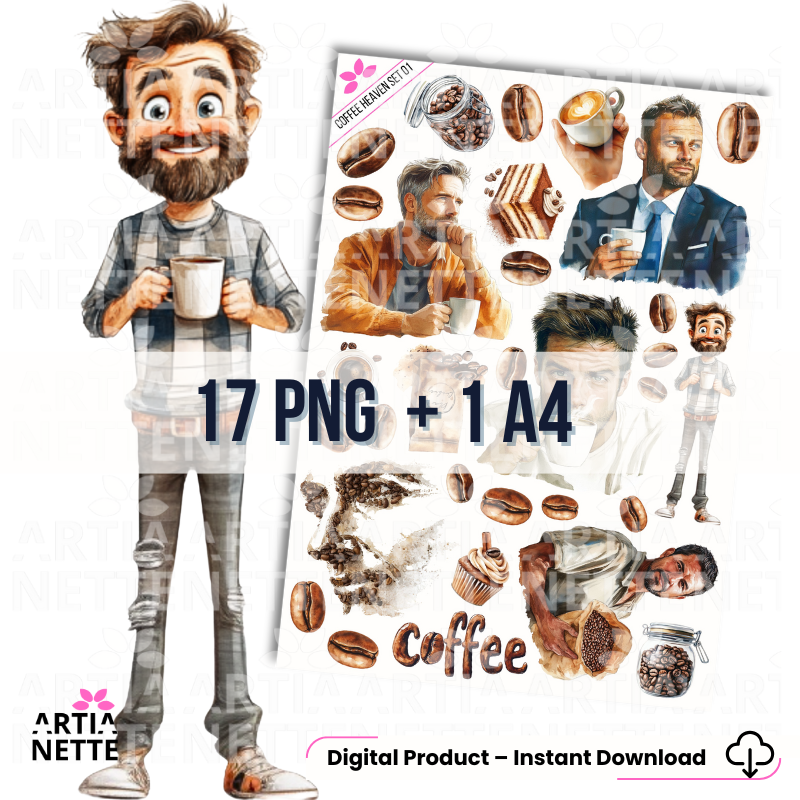 Coffee Heaven Set 01 – 17 Cyfrowych Grafik PNG + Arkusz A4