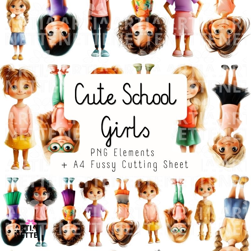 School Girls Clipart – cute watercolor girls | PNG Elements + A4 Fussy Cutting Sheet