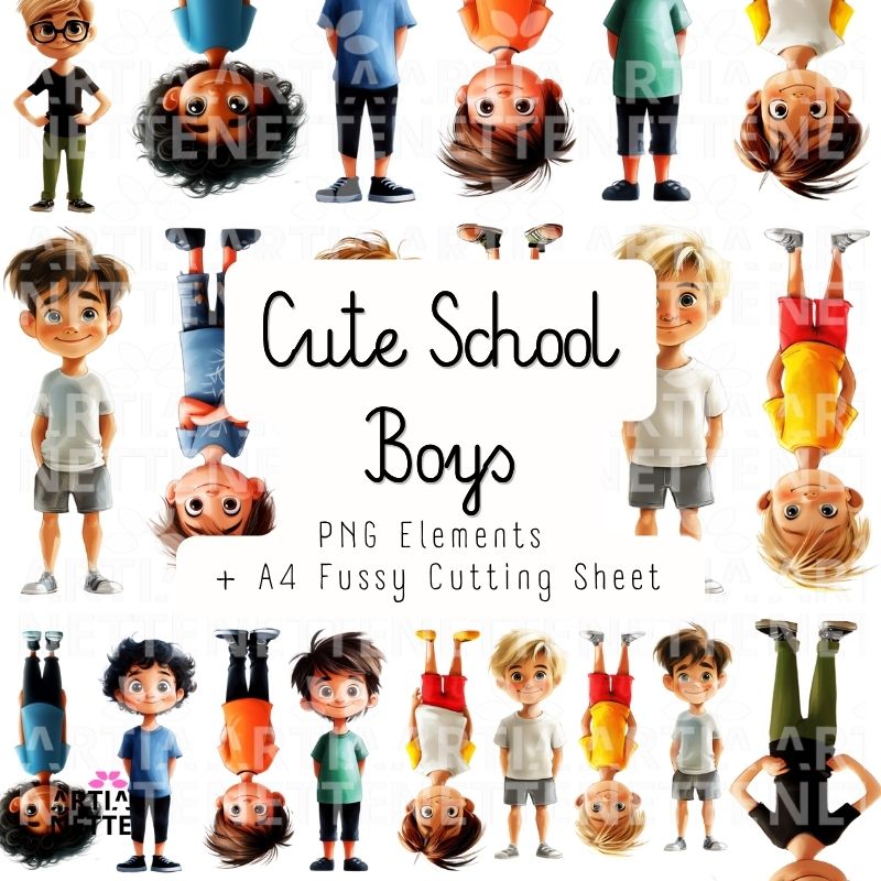 Cute Watercolor School Boys Clipart | PNG Elements + A4 Fussy Cutting Sheet