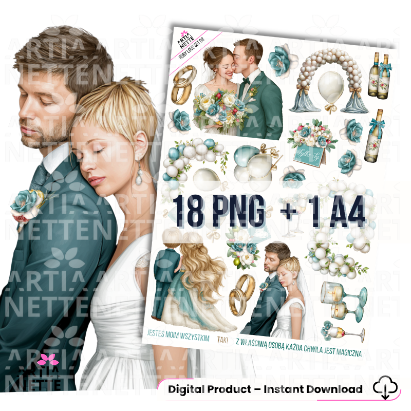 Ruby Love SET 08 – ślubny zestaw grafik PNG w odcieniach turkusu i złota