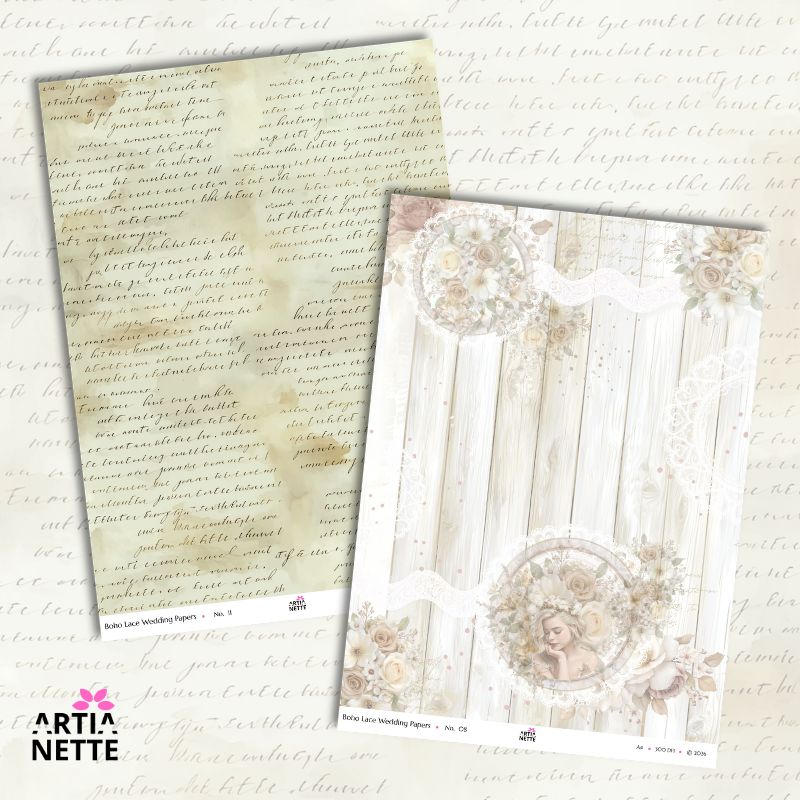 Boho tła A4 – koronka, drewno, romantyczne tekstury | 12 papierów cyfrowych