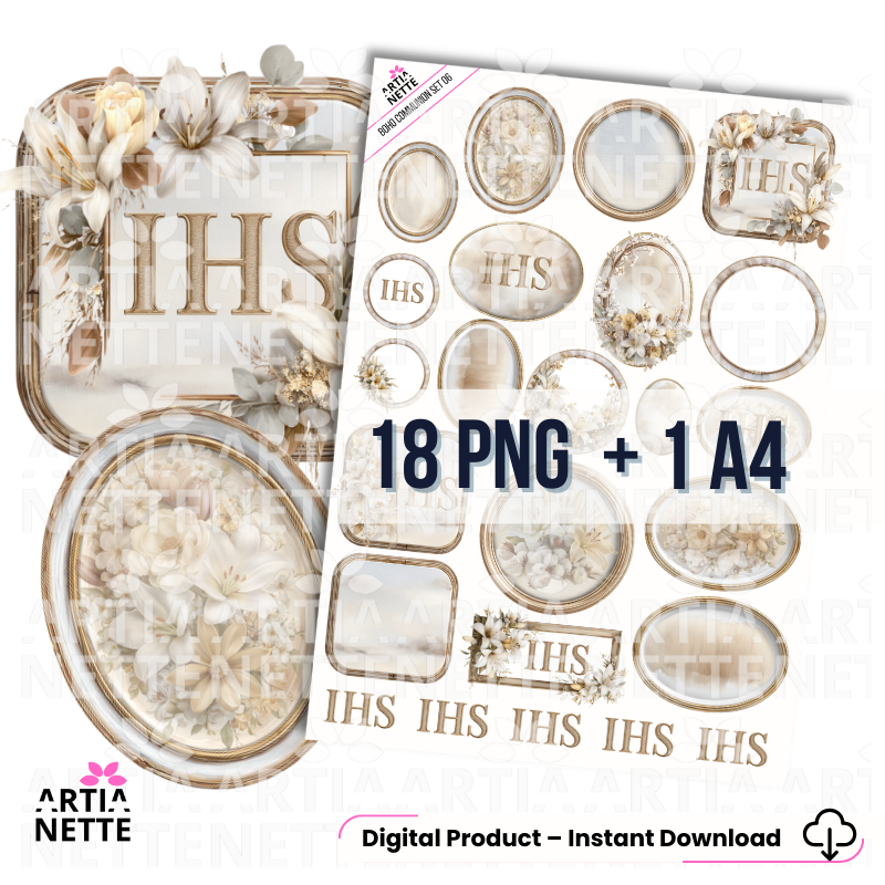Boho Communion SET 06 – ramki komunijne i elementy IHS PNG w stylu boho, 18 grafik i arkusz A4 na przezroczystym tle