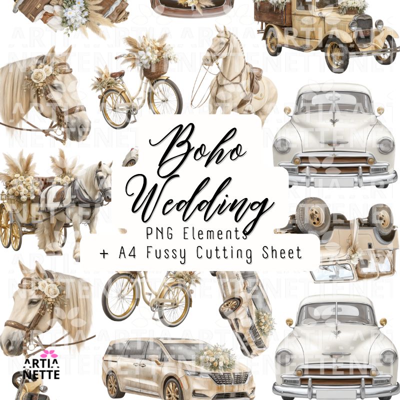 Pojazdy ślubne boho retro auto konie bryczka rower kliparty PNG arkusz A4 do wycinania