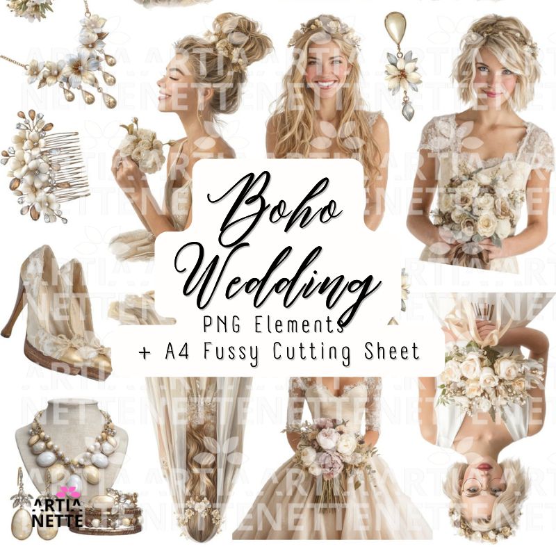 Boho Wedding Set 01 z pannami młodymi, bukietami i dodatkami ślubnymi w stylu boho, zestaw PNG i arkusz A4