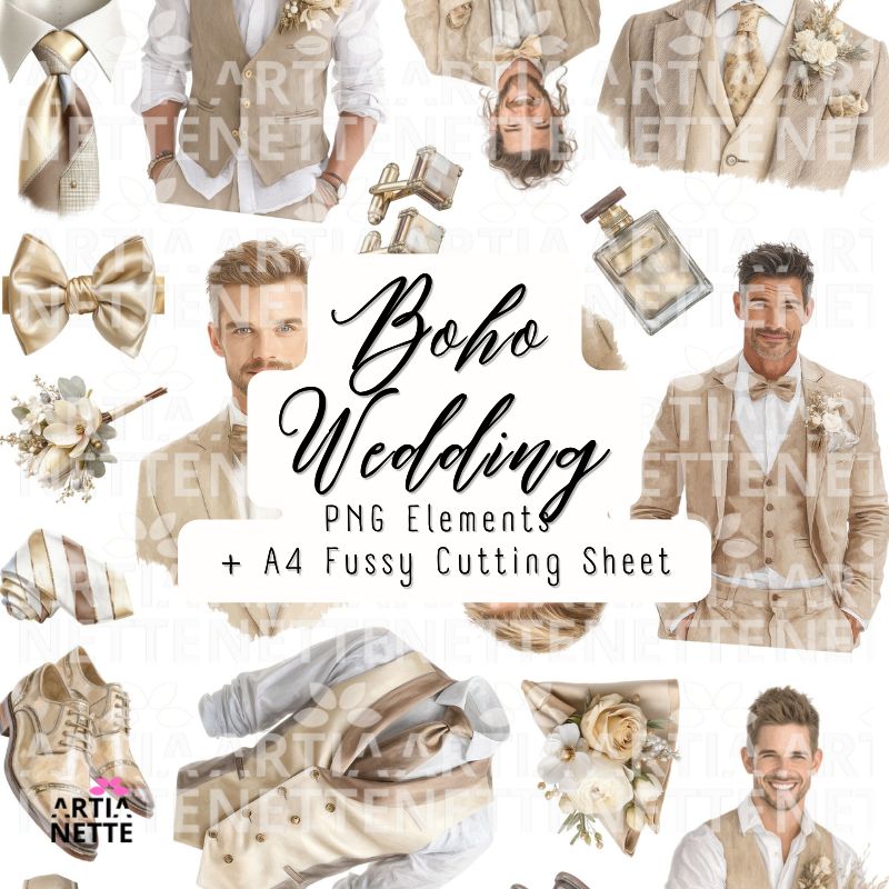 Boho Wedding kliparty PNG pan młody garnitur dodatki ślubne boho arkusz A4 do wycinania