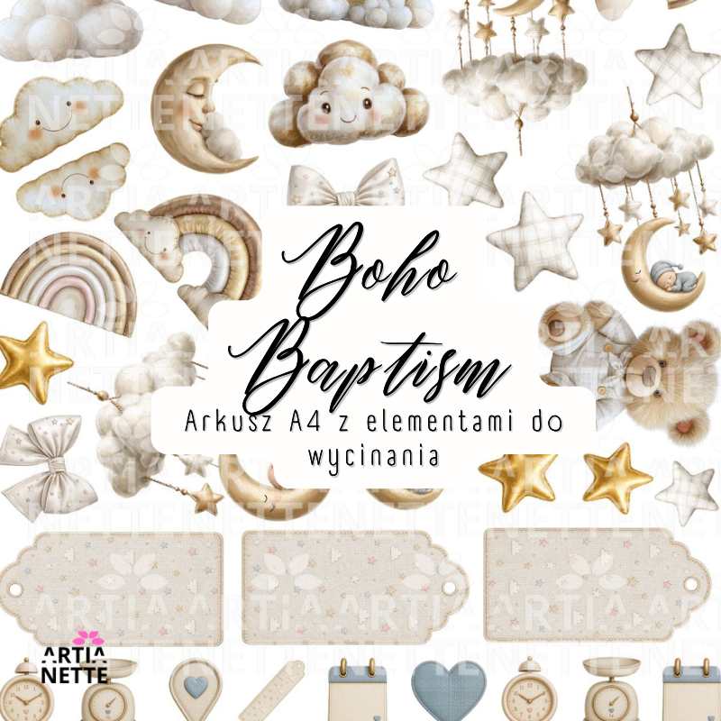 Boho Chmurki i Gwiazdki do scrapbookingu – Boho Baptism Set 06 | kliparty PNG i arkusz A4