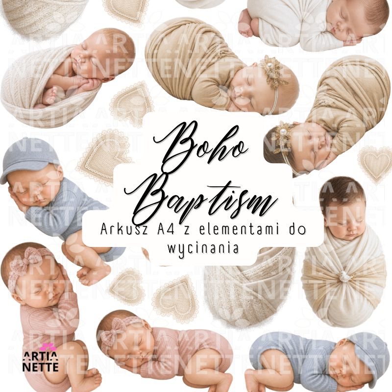 Grafiki niemowlęta na Chrzest Święty do scrapbookingu – Boho Baptism Set 05 z klipartami PNG i arkuszem A4 do wycinania