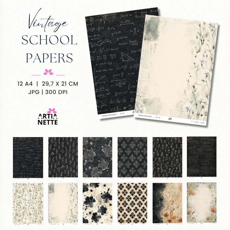 Papiery szkolne vintage do scrapbookingu – Vintage School Papers | 12 papierów cyfrowych JPG A4