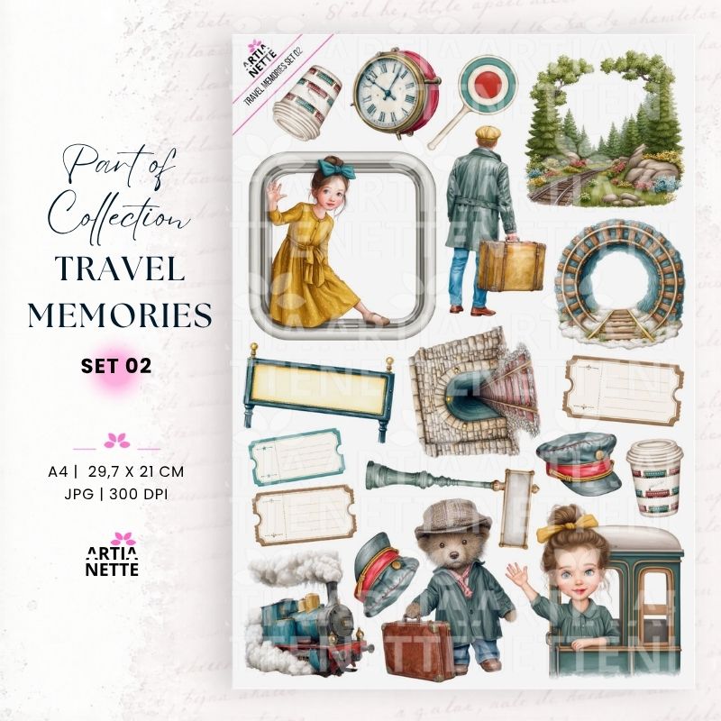 Podróże pociągiem do scrapbookingu – Travel Memories Set 02 | 16 klipartów PNG i arkusz A4