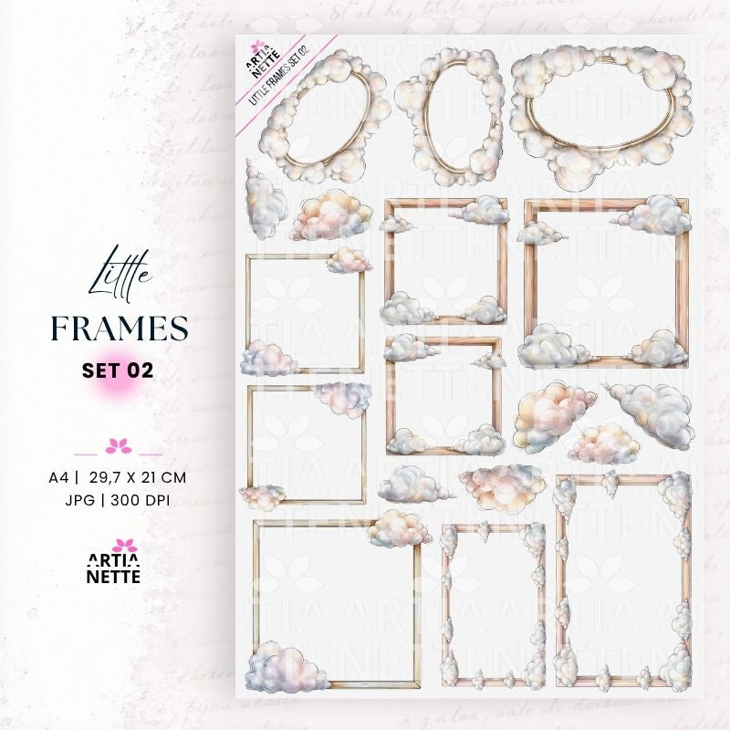 Ramki z chmurkami dla dzieci PNG – Little Frames Set 02 | 4 ramki PNG i arkusz A4