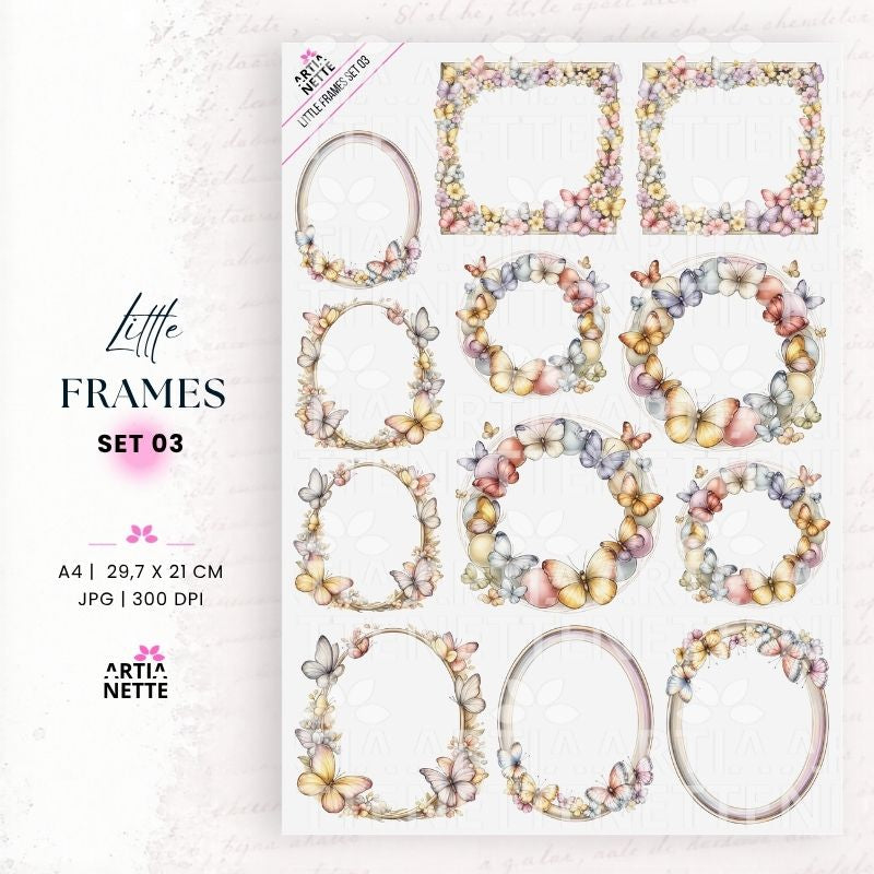Pastelowe ramki kwiatowe i motyle PNG – Little Frames Set 03 | 4 ramki PNG i arkusz A4