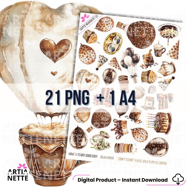 Zestaw 21 akwarelowych clipartów PNG "Coffee Heaven Set 03" o tematyce Walentynek, Urodzin i Słodkich Uroczystości. Grafiki przedstawiają serca, torty, babeczki i balony z motywami ziaren kawy. Zestaw zawiera również arkusz A4 do druku.