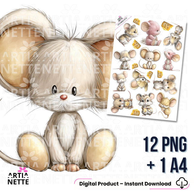 Arkusz z ilustracjami słodkich myszek z serem – zestaw 12 grafik PNG i 1 arkusz A4 w stylu dziecięcym