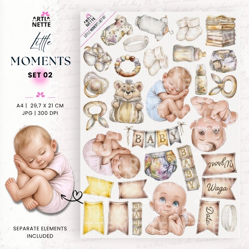 Little Moments Set 02 – grafiki PNG z noworodkami i akcesoriami niemowlęcymi