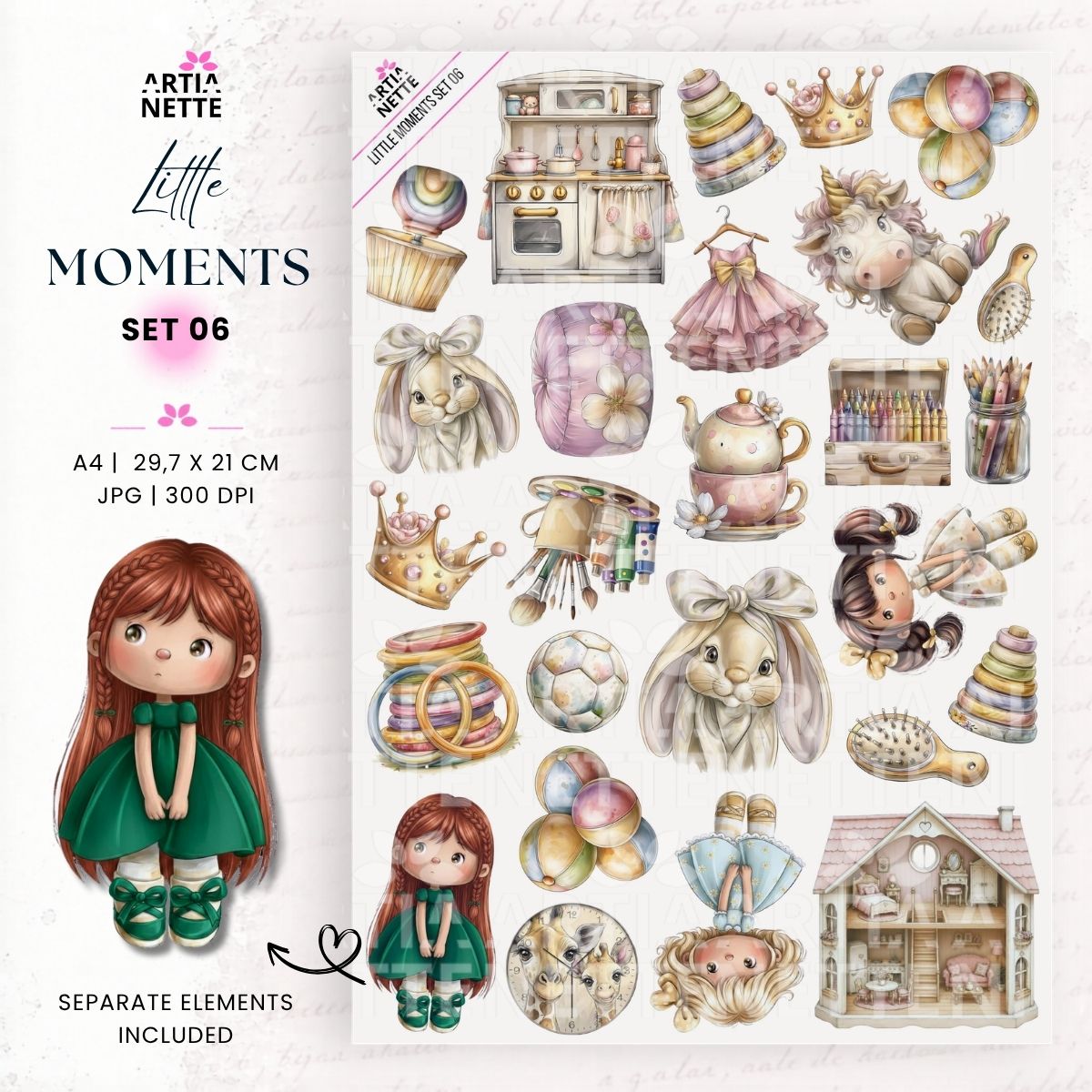 Little Moments Set 06 – grafiki PNG przedstawiające pokój dziewczynki, zabawki, dziewczynki, króliczki, jednorożca i domek dla lalek