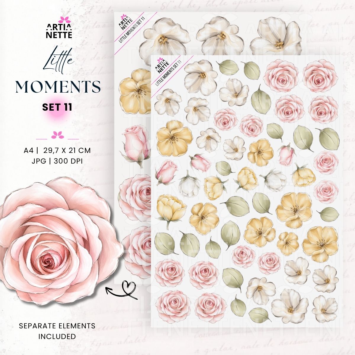 Little Moments Set 11 – pastelowe grafiki PNG z różowymi różami, białymi i żółtymi kwiatami oraz zielonymi liśćmi