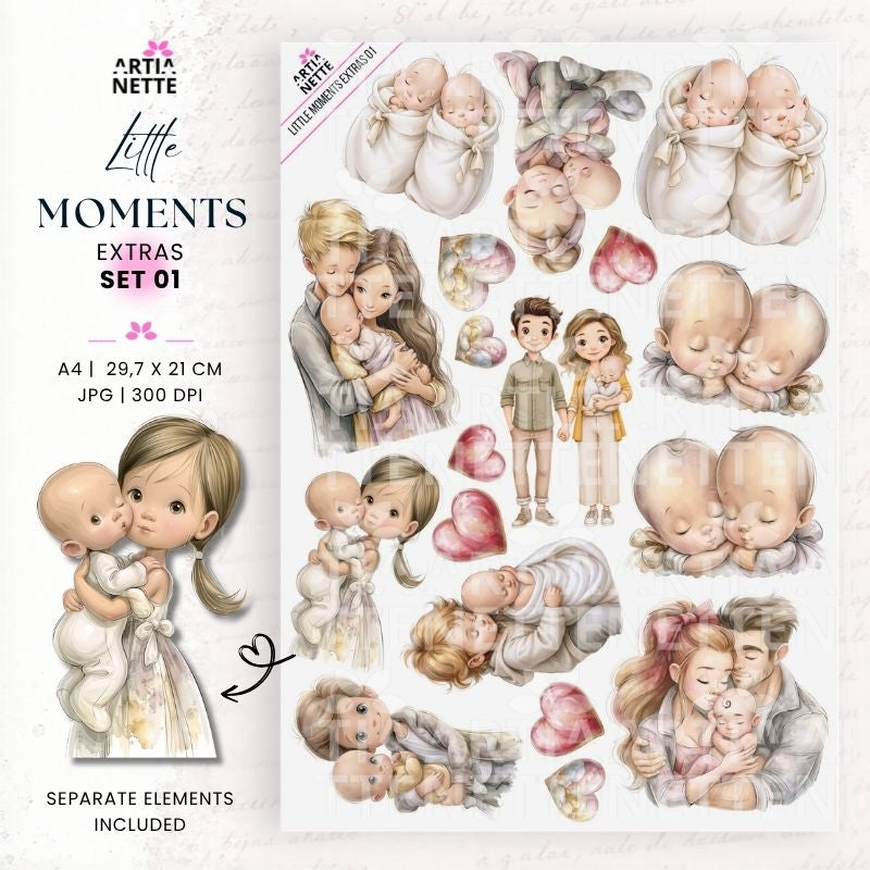 Akwarelowy arkusz A4 z ilustracjami rodziców, noworodków, rodzeństwa i pastelowych serc z kolekcji Little Moments Extras Set 01.
