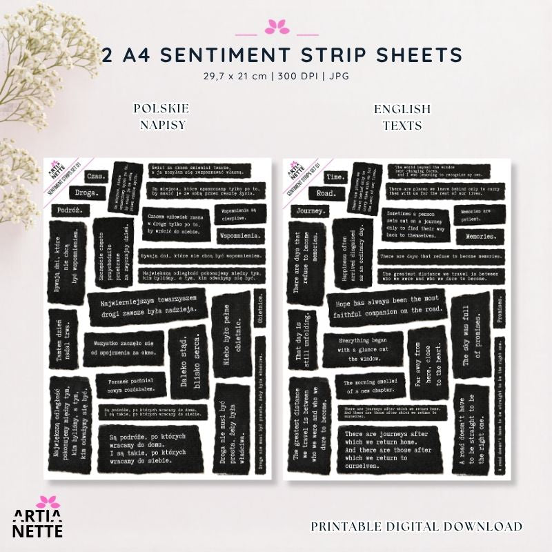 Napisy podróżnicze do scrapbookingu po polsku i angielsku – sentiment strips A4 do wycinania