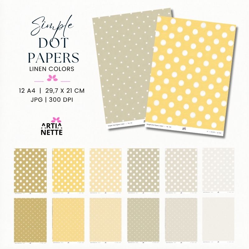 Papiery cyfrowe A4 w białe groszki, pastelowe beżowe i żółte tła linen colors do kartek, albumów i projektów DIY
