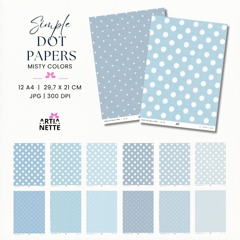 Simple Dot Papers Misty Colors – 12 niebieskich papierów A4 w groszki, pastelowe cyfrowe tła JPG 300 DPI do kartek, plannerów, albumów i projektów kreatywnych