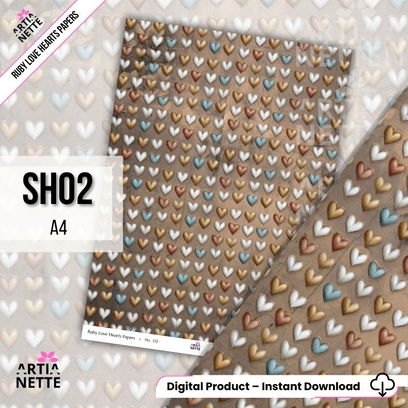 Papiery scrapbookowe A4 z sercami – zestaw 8 teł vintage | Ruby Love Hearts