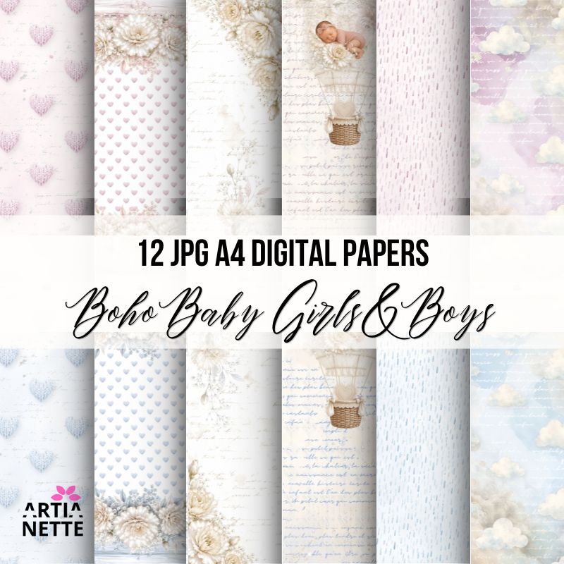 Boho Baby Digital Papers JPG A4 pastelowe papiery cyfrowe dla dzieci w stylu boho