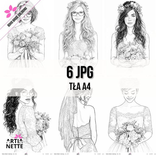 boho bride coloring pages line art panna młoda kolorowanka ślubna a4