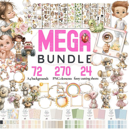 Rosnący zestaw grafik dla dzieci – 270 PNG, 72 papiery A4 i 24 arkusze do wycinania – Little Moments Mega Bundle