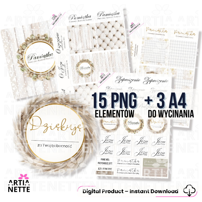Boho Communion Collection – MEGA SET | A4 backgrounds, clipart and cutting sheets