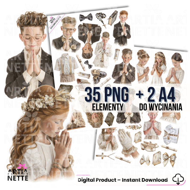 Boho Communion Collection – MEGA SET | A4 backgrounds, clipart and cutting sheets