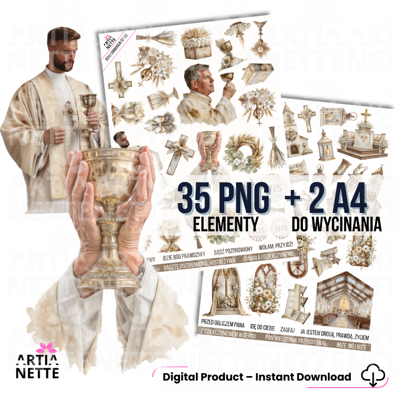 Boho Communion Collection – MEGA SET | A4 backgrounds, clipart and cutting sheets