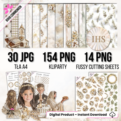 Boho Communion Collection – MEGA SET | A4 backgrounds, clipart and cutting sheets
