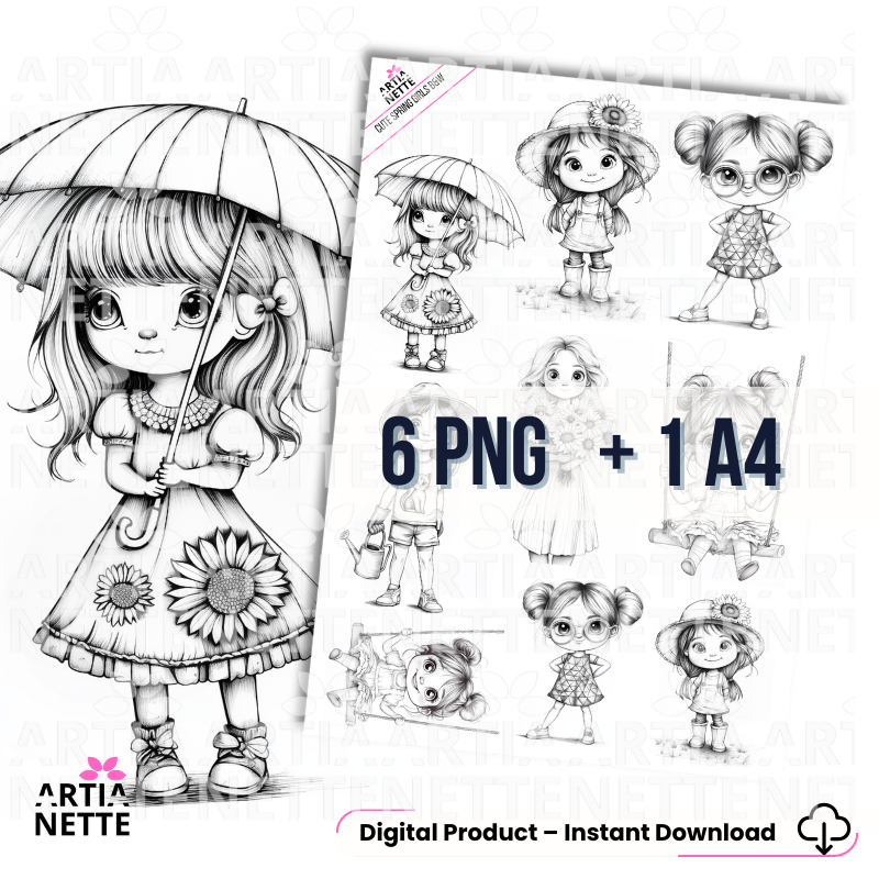 Coloring book girl – spring illustrations for print | 6 PNG + A4 sheet coloring page