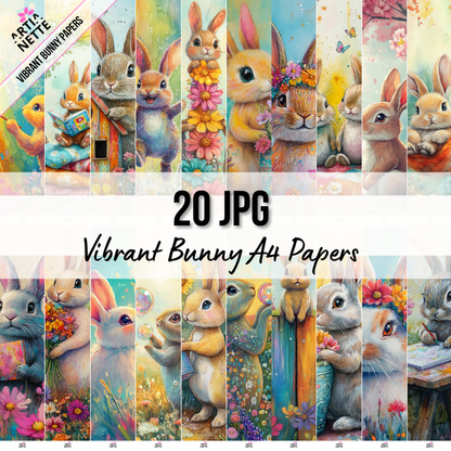 Vibrant Bunny A4 Papers – kolorowe papiery z króliczkami do scrapbookingu | 20 JPG