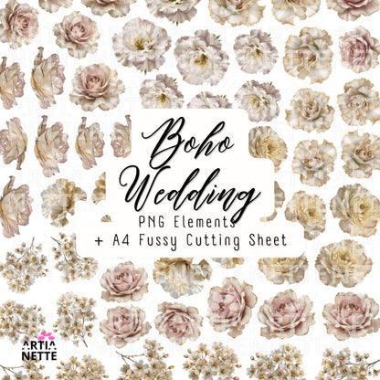 Boho Wedding kolekcja – pary młode, kwiaty, dekoracje, tła i napisy | 213 klipartów PNG, 12 papierów A4, 17 arkuszy do wycinania