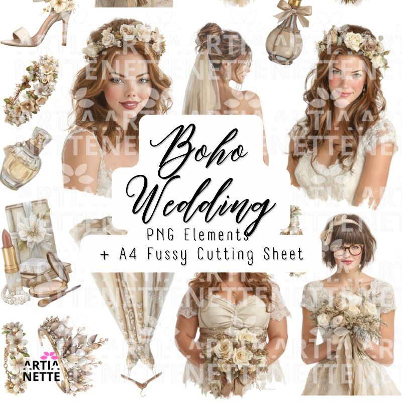 Panny młode ciemne włosy i dodatki ślubne -Boho Wedding Set 02 –  17 PNG + A4 do wycinania