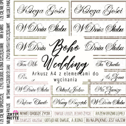 Boho Wedding kolekcja – pary młode, kwiaty, dekoracje, tła i napisy | 213 klipartów PNG, 12 papierów A4, 17 arkuszy do wycinania