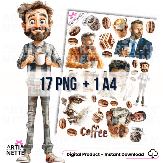 Coffee Heaven Set 01 – 17 Cyfrowych Grafik PNG + Arkusz A4