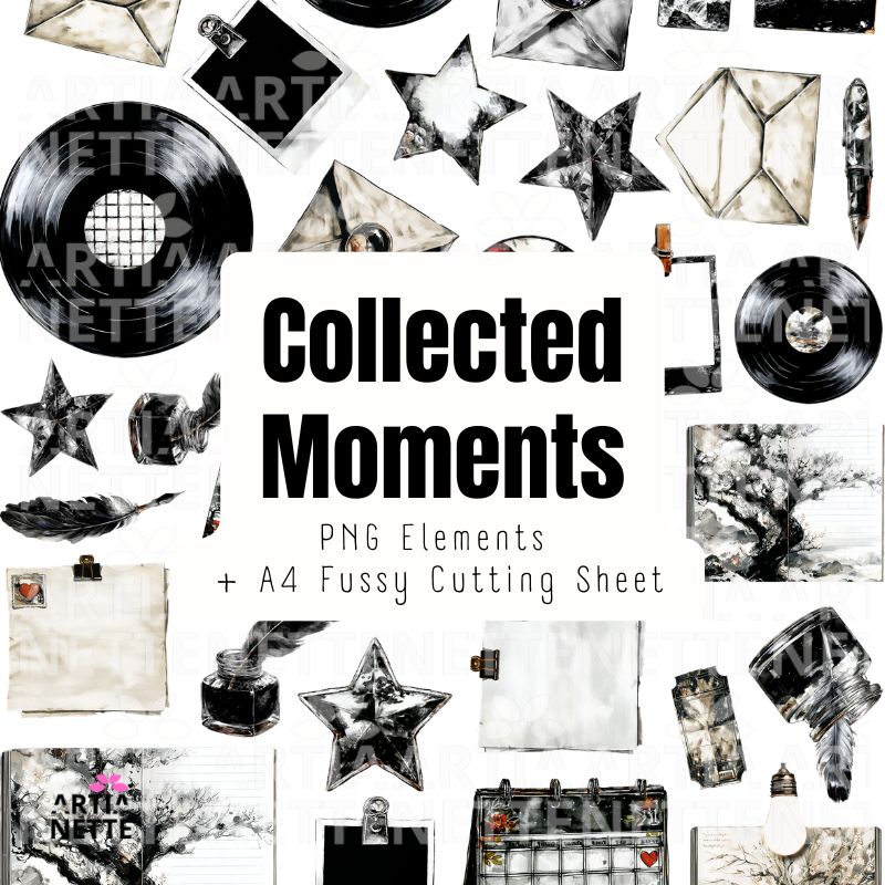Collected Moments – vintage zestaw do art journala | 20 PNG + A4 do wycinania