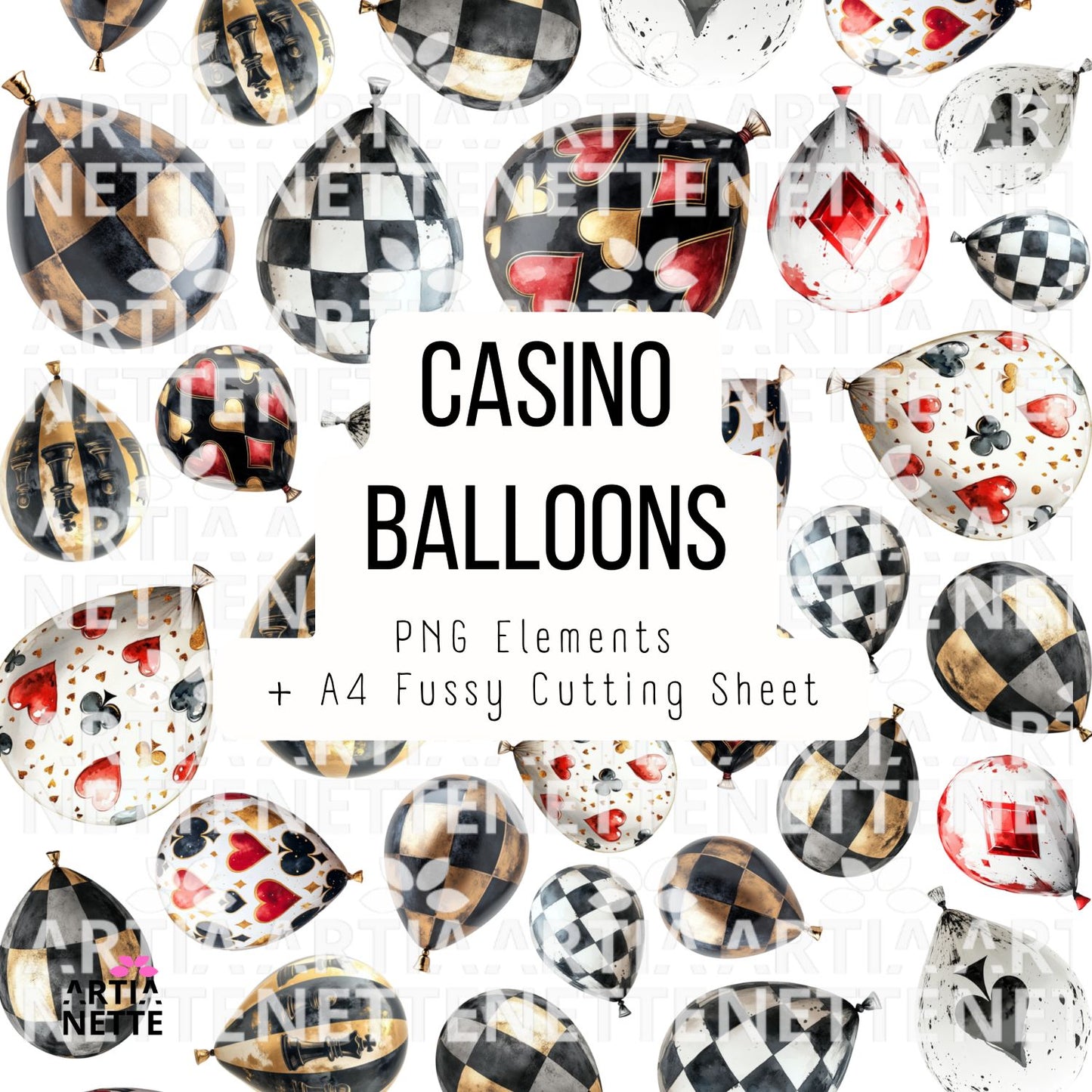 Casino Balloons – balony w stylu kasyno, karty i złoto | PNG + A4 do wycinania