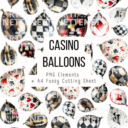 Casino Balloons – balony w stylu kasyno, karty i złoto | PNG + A4 do wycinania
