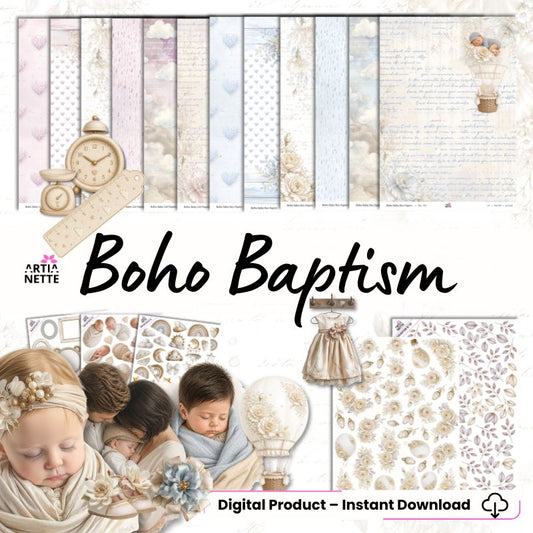Papiery cyfrowe i kliparty boho do scrapbookingu dla dzieci – zestaw PNG i JPG A4