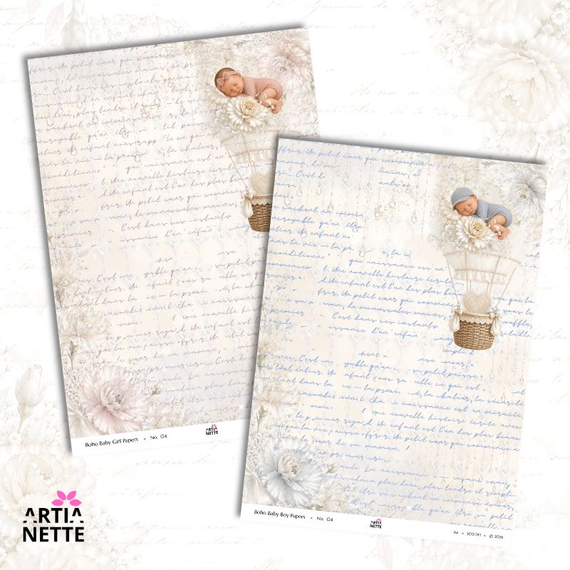 Papiery cyfrowe Boho Baby JPG A4 – pastelowe tła do scrapbookingu | Baby Girl & Boy