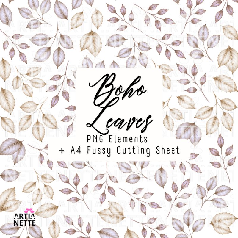 Liście Boho do scrapbookingu – Boho Leaves Set 01 | kliparty PNG i arkusz A4
