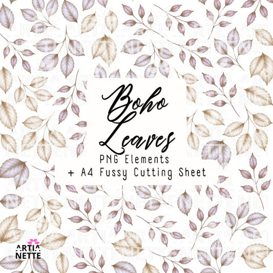 Liście Boho do scrapbookingu – Boho Leaves Set 01 | kliparty PNG i arkusz A4